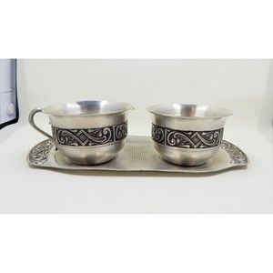 Selandia Norway Pewter Creamer Open Sugar Dish Under Tray Scrollwork Detail